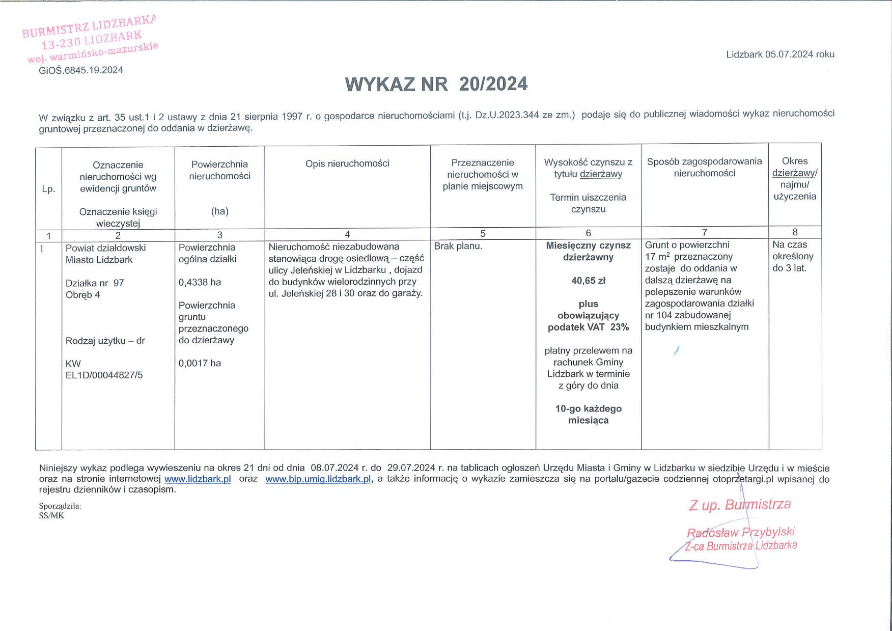 Wykaz Nr 20/2024 - Nieruchomość gruntowa do dzierżawy - Lidzbark, ul. Jeleńska, obr. 4, dz. nr 97